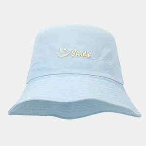 Detail of light blue quick-dry sun hat with Smile embroidery and reinforced stitching