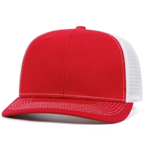 Detail of red and white trucker hat with breathable mesh and contrast stitching