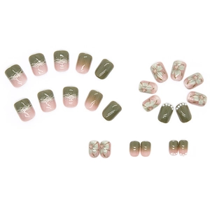 Elegant camellia press-on nails with pearl accents and pink agate gradient finish