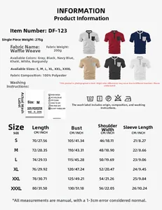 Detailed size chart for men's waffle knit Henley shirt showing measurements from S to 3XL