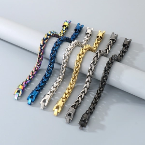 Detailed display of six colorful stainless steel chain bracelets with rotatable clasps