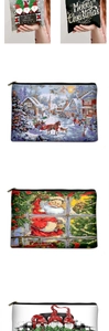 Detailed views of printed Christmas cosmetic bags with gnome patterns and zipper closure