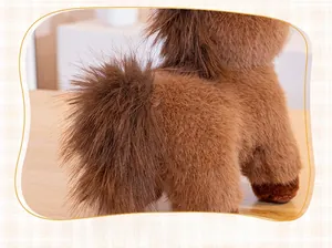 Close-up detail of soft brown plush fabric texture and long fluffy fur on the toy pony