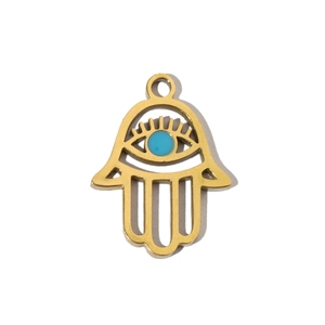 Detailed close-up of a gold Hamsa hand pendant with a blue enamel evil eye charm