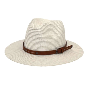 Detailed close-up of straw Fedora hat with brown leather belt and metal rivet accents