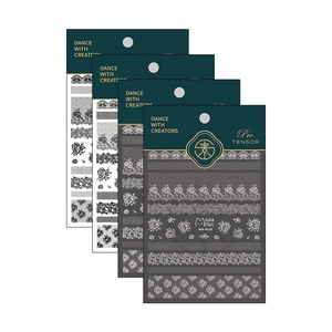 Set of 4 ultra-thin 3D nail art stickers with lace and floral designs in retail packaging