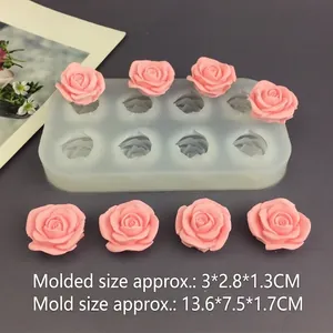 Detail showing 8-cavity rose silicone mold dimensions and pink resin flower results