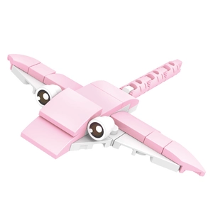 Pink and white building block toy with cartoon eyes in a 45-degree angle view