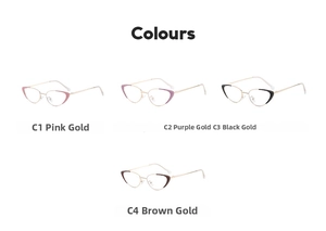 Cat eye glasses frames collection in pink, purple, black and brown gold finishes