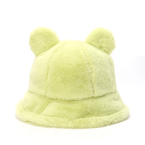 Close-up of lime green plush bucket hat showing fluffy bear ears and soft faux fur texture