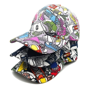 Fashionable baseball cap with colorful sneaker graffiti print in stacked arrangement
