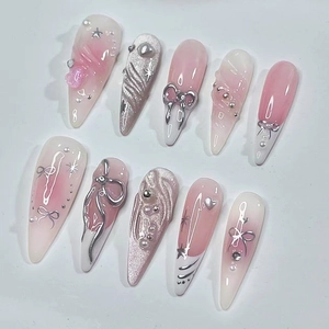 Press On Nails Pink White Gradient Cat Eye Glitter Long Almond 3D Bow Star Heart Artificial Pearl Decorations Elegant Feminine