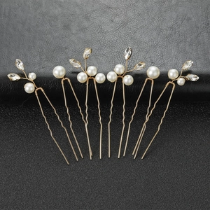 Set of 6 gold bridal hair pins with white pearls and marquise crystal accents