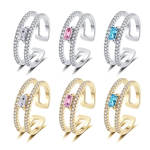 Luxury Copper Double Layer Geometric Square Open Ring For Women Rhinestone Micro Pave Adjustable Fashion Temperament Finger Jewelry Gift
