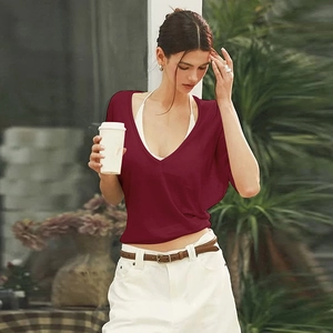 Detail view of burgundy V-neck short-sleeve sheer cover-up top for women