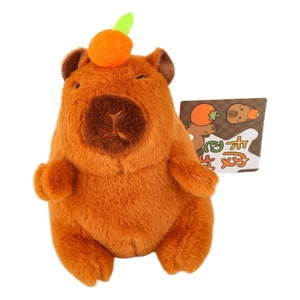 Cute Capybara plush keychain with orange fruit decor on head, brown stuffed animal toy