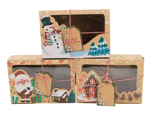 Kraft Christmas cookie box with PVC window snowman and Santa prints including twine and tags