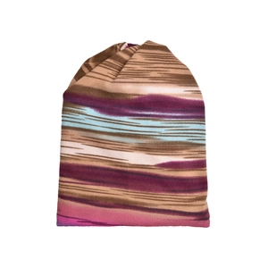 Close-up of horizontal multi-color striped knit fabric texture and soft woven pattern