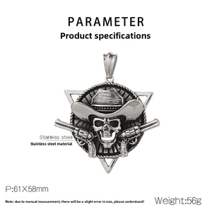 Detail view of punk skull pendant with dimensions 61x58mm and 56g weight specifications