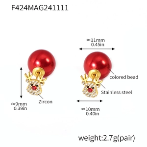 Detail of Christmas reindeer earrings with red beads and zircon-studded stainless steel