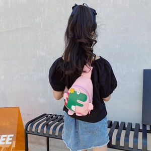 Pink nylon dinosaur crossbody chest bag for kids with adjustable shoulder strap