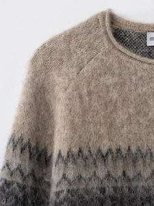 Detail of round neckline and fuzzy mohair wool texture with geometric patterns