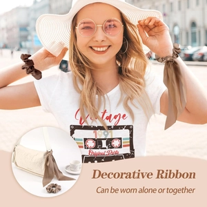 Satin silk hair scarf scrunchie set shown tied to a bag and worn as a stylish wrist accessory