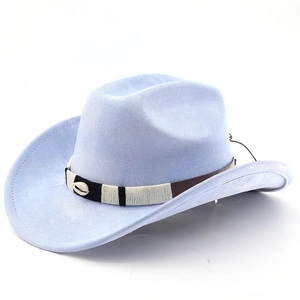 Detail of light blue faux suede cowboy hat showing woven band and small seashell accent