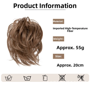 Detail of light brown messy bun hair piece with washing instructions and texture