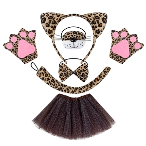 Leopard print costume set with animal ears headband, mask, gloves, and brown tutu skirt
