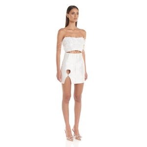 Chic two-piece set featuring white ostrich feather tube top and heart cutout slit skirt