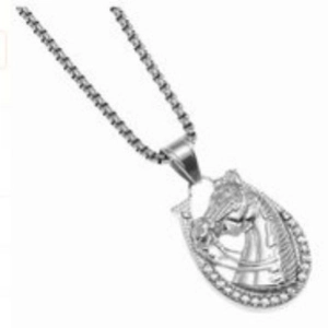 Hip hop silver horse head horseshoe pendant necklace with sparkling crystal rhinestones