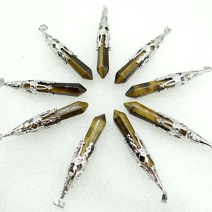 Natural tiger eye stone hexagonal prism pendants with vintage silver filigree metal caps