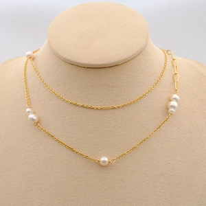 Asymmetric long sweater necklace with freshwater pearls and titanium steel chain layered style
