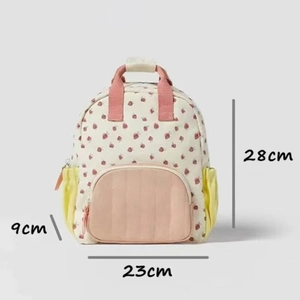 Kids strawberry canvas backpack in beige and pink, size 28x23x9cm for daily school use