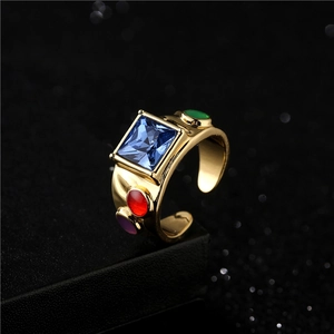 Bohemian adjustable 18K gold plated ring with large blue zircon and colorful crystals