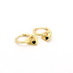 Elegant gold hoop earrings featuring heart charms with black stone and clear crystals
