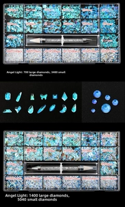 Detailed view of 21-grid nail art set with blue rhinestones and applicator tool