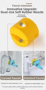 Blue elephant faucet extender with yellow soft adapter fitting various tap shapes