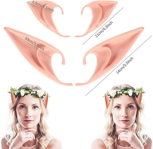 Size comparison and macro detail of soft silicone pointed elf ears for cosplay costumes