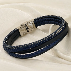 Men's multilayer hand-woven stainless steel leather bracelet in navy and black tones