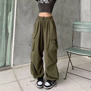 Women Cargo Pants High Waist Drawstring Multi Pocket Loose Wide Leg Polyester American Retro Casual Streetwear Trousers