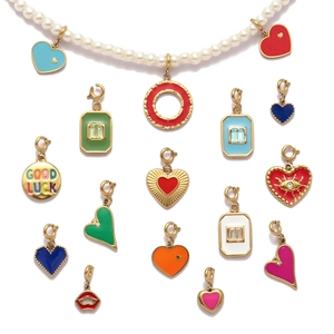 Colorful enamel heart and square stainless steel charms on a pearl necklace