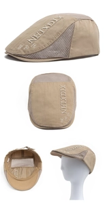 Close-up of beige breathable mesh beret cap with embroidery and adjustable strap