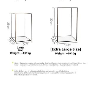 Detailed size chart for large and extra large glass display boxes with dimensions