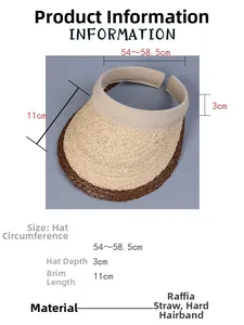 Especificaciones de tamaño y detalle del material de la visera de rafia con dimensiones
