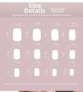 Size chart detail for square press-on nails showing 12 dimensions for a perfect fit