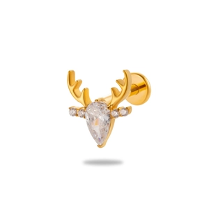 Golden titanium labret stud with stag head design and pear-shaped zircon stones