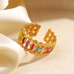 Colorful drip oil woven texture open ring in gold stainless steel for women