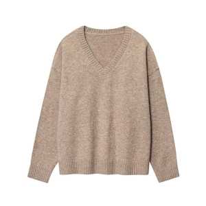 Women V-Neck Pullover Sweater Acrylic Knit Long Sleeve Drop Shoulder Loose Casual Soft Ribbed Hem Solid Color Top